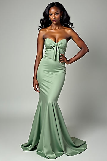 Dusty Sage Matte Satin Sirène Sans Bretelles Robe Longue de Bal